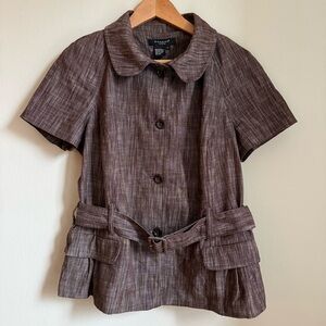 Sandro Sportswear Womens L Brown Belted Short Sleeve Jacket Textured Button Up